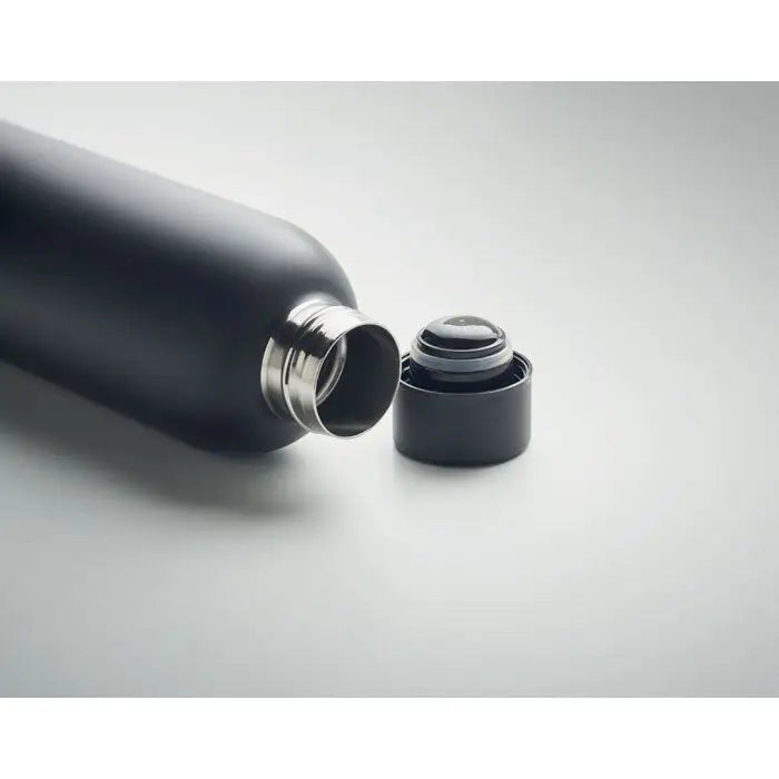Flacon cu perete dublu de 500 ml negru mat cu rama metalica argintie si capac asortat din otel inoxidabil izolant