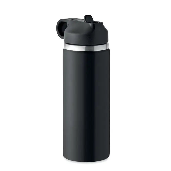 Flacon cu perete dublu de 500 ml negru izolat cu finisaj mat si banda argintie in jurul gatului