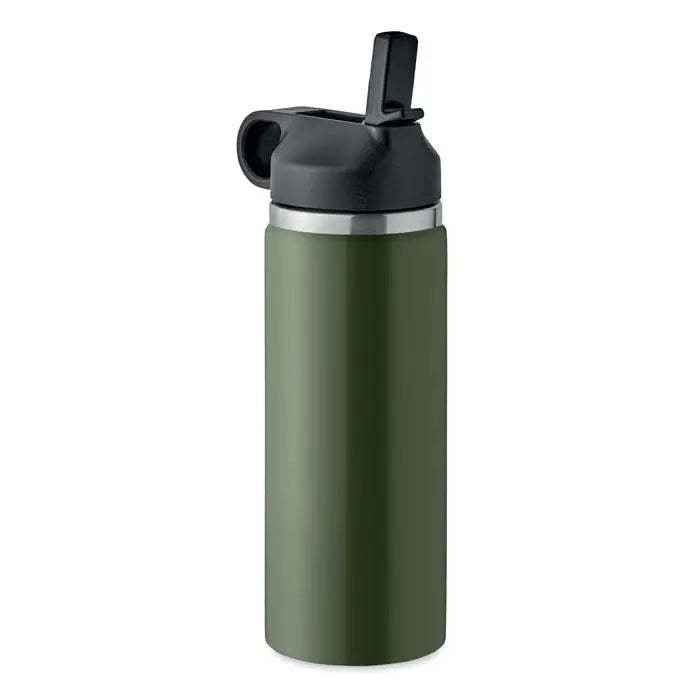 Flacon cu perete dublu de 500 ml verde măsline, sticlă termică izolată cu capac flip-top negru și bandă argintie