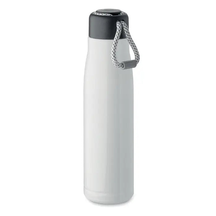 Flacon cu perete dublu de 500 ml alb izolat cu capac negru si maner din snur impletit gri