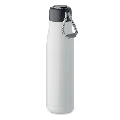 Flacon cu perete dublu de 500 ml alb izolat cu capac negru si maner din snur impletit gri