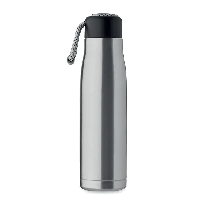 Flacon cu perete dublu de 500 ml din oțel inoxidabil argintiu cu capac negru și curea împletită gri și albă