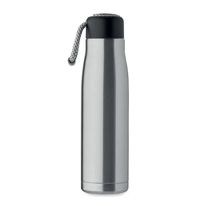 Flacon cu perete dublu de 500 ml din oțel inoxidabil argintiu cu capac negru și curea împletită gri și albă