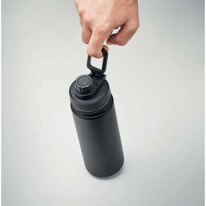 Flacon cu perete dublu de 500 ml negru, izolat, cu capac cu filet si maner integrat pentru transport
