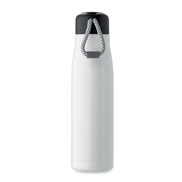 Flacon cu perete dublu alb de 500 ml izolat cu capac negru si maner impletit gri si alb