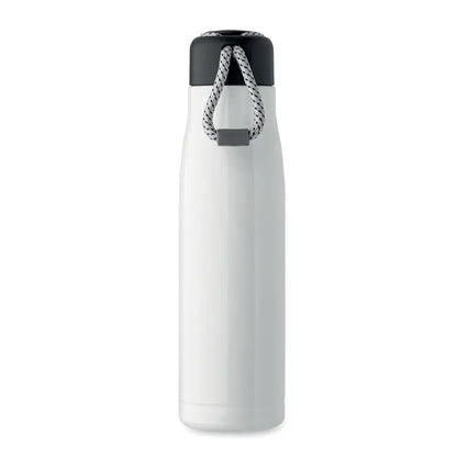 Flacon cu perete dublu alb de 500 ml izolat cu capac negru si maner impletit gri si alb