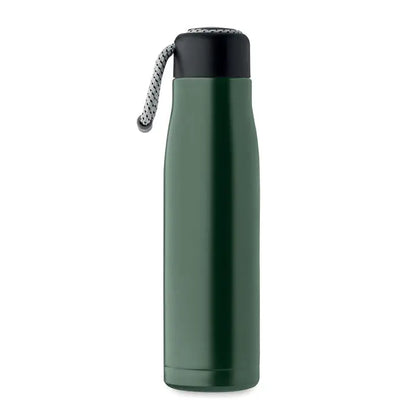 Flacon cu perete dublu de 500 ml verde închis cu capac negru și bretea împletită gri-albă pentru transport