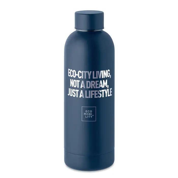 Flacon cu perete dublu de 500 ml albastru navy cu text alb eco city living not a dream just a lifestyle si logo mic