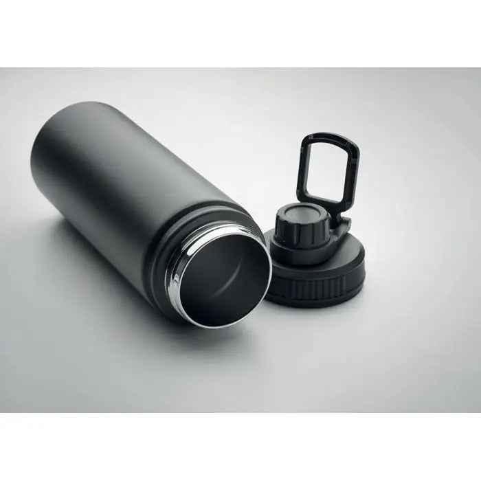 Flacon cu perete dublu de 500 ml negru mat cu inel argintiu si capac flip-top pentru bauturi termoizolante
