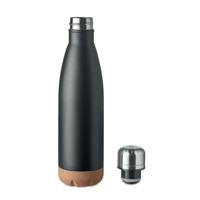 Flacon cu perete dublu negru de 500 ml cu finisaj mat, capac și bază metalice argintii și fund texturat ca plută