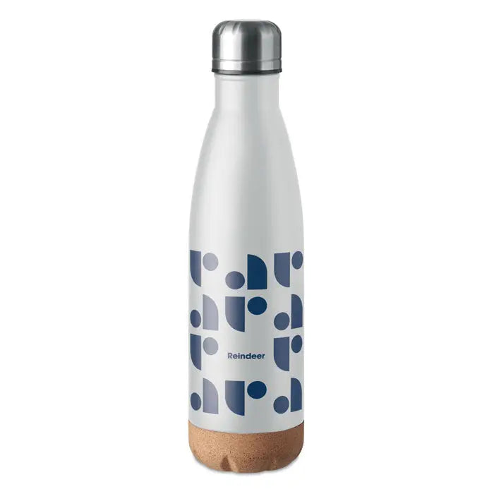 Flacon cu perete dublu de 500 ml alb, izolat, capac argintiu cu filet, baza de plută, model geometric albastru și text reindeer