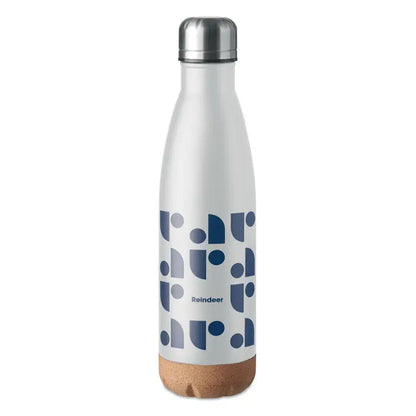 Flacon cu perete dublu de 500 ml alb, izolat, capac argintiu cu filet, baza de plută, model geometric albastru și text reindeer