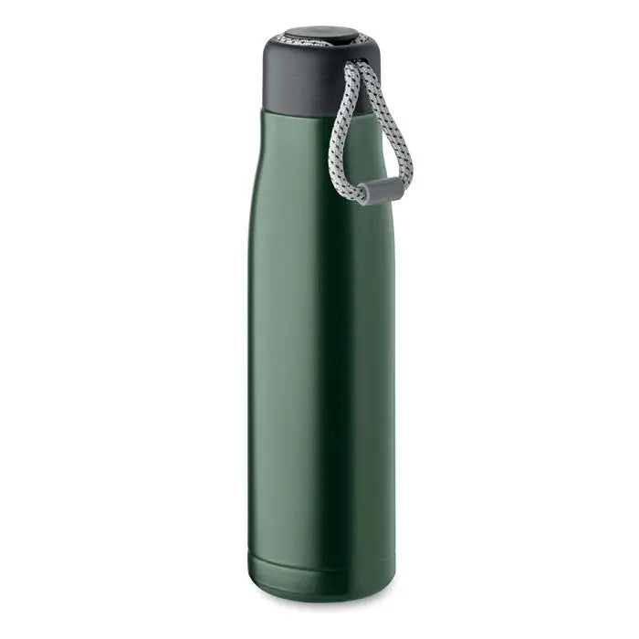 Flacon cu perete dublu de 500 ml verde închis cu capac negru și mâner din frânghie gri din material izolant