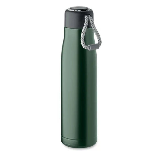 Flacon cu perete dublu de 500 ml verde închis cu capac negru și mâner din frânghie gri din material izolant