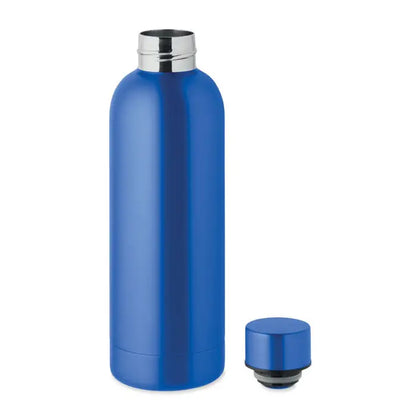 Flacon cu perete dublu de 500 ml albastru metalic cu capac filetat argintiu si capac albastru asortat