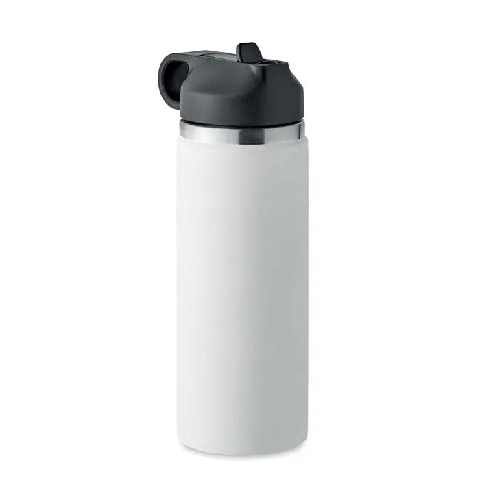 Flacon cu perete dublu alb de 500 ml din otel inoxidabil cu capac negru rabatablesi margine argintie