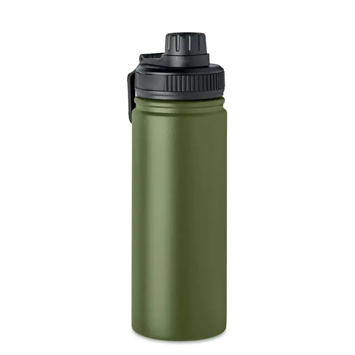Flacon cu perete dublu de 500 ml, sticla termoizolanta verde maslina cu capac negru si maner de transport