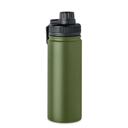 Flacon cu perete dublu de 500 ml, sticla termoizolanta verde maslina cu capac negru si maner de transport