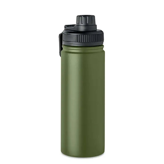 Flacon cu perete dublu de 500 ml, sticla termoizolanta verde maslina cu capac negru si maner de transport
