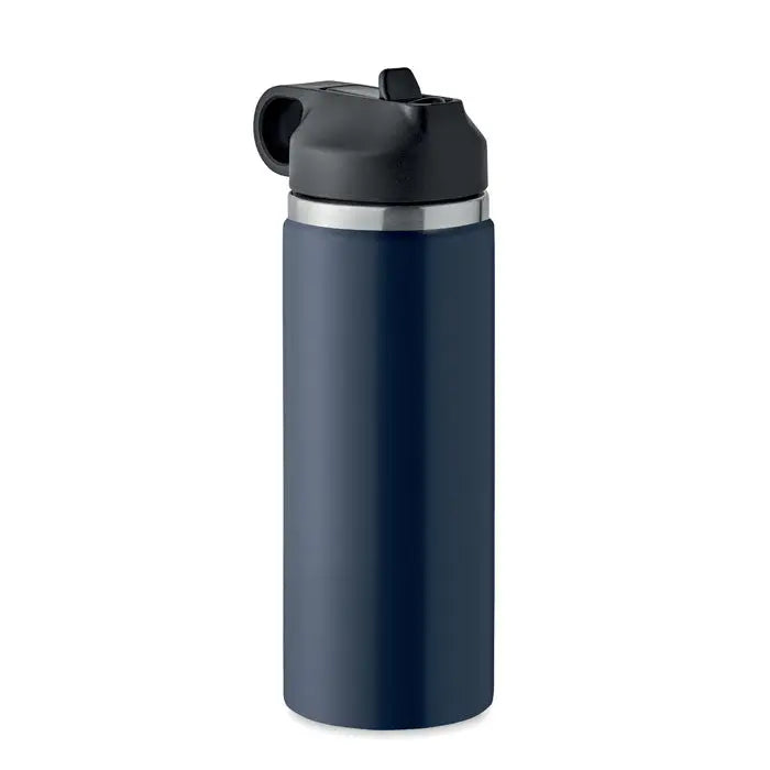 Flacon cu perete dublu de 500 ml albastru navy cu capac flip-top negru si bandă argintie pentru băuturi izolante