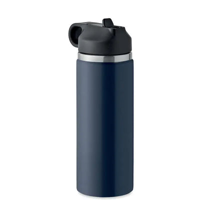 Flacon cu perete dublu de 500 ml albastru navy cu capac flip-top negru si bandă argintie pentru băuturi izolante