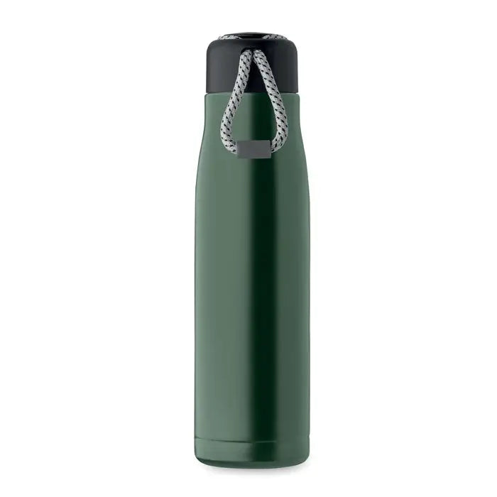 Flacon cu perete dublu de 500 ml verde închis, sticlă termoizolantă cu capac negru și mâner din frânghie gri-albă