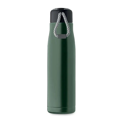Flacon cu perete dublu de 500 ml verde închis, sticlă termoizolantă cu capac negru și mâner din frânghie gri-albă