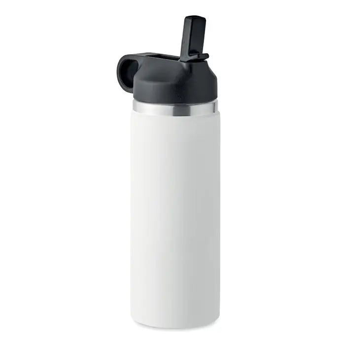 Flacon cu perete dublu de 500 ml alb izolat cu capac negru rabatabil si inel argintiu accentuat