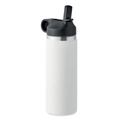 Flacon cu perete dublu de 500 ml alb izolat cu capac negru rabatabil si inel argintiu accentuat