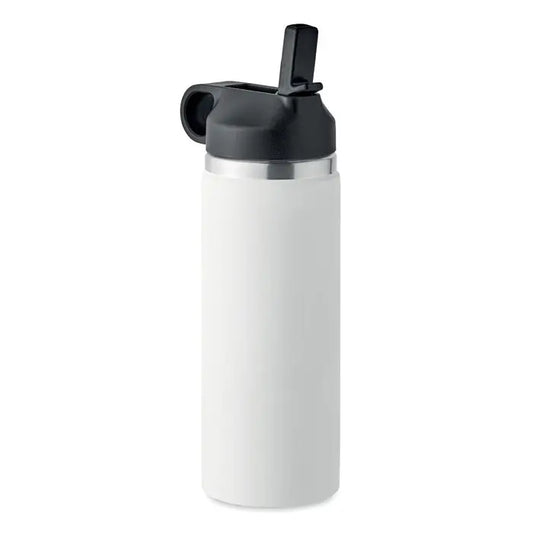 Flacon cu perete dublu de 500 ml alb izolat cu capac negru rabatabil si inel argintiu accentuat