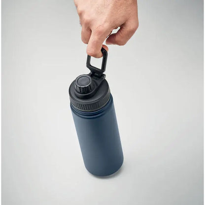 Flacon cu perete dublu de 500 ml albastru navy izolat cu capac negru cu filet si bucla integrata pentru transport