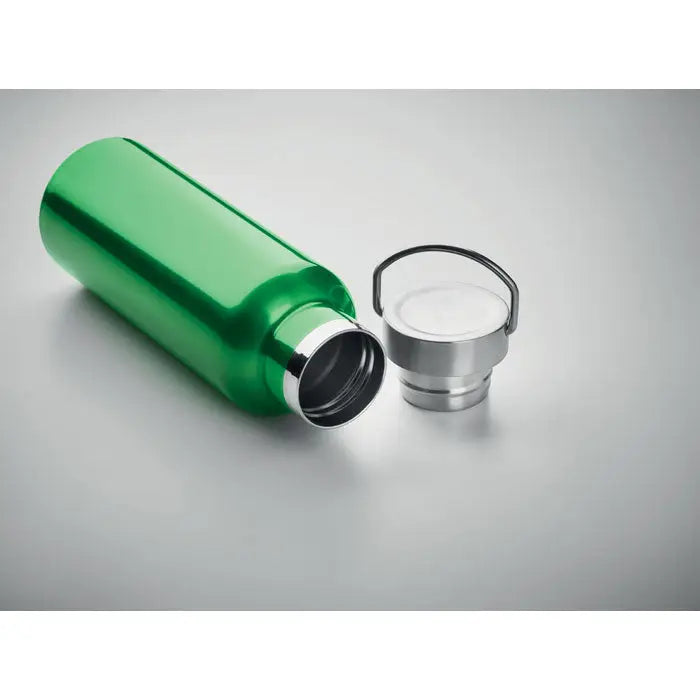 Flacon cu perete dublu de 500 ml verde metalizat cu capac argintiu cu maner integrat din aluminiu