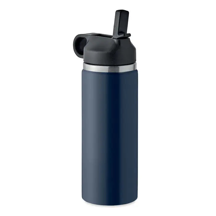 Flacon cu perete dublu de 500 ml albastru navy izolat cu capac flip-top negru si banda argintie