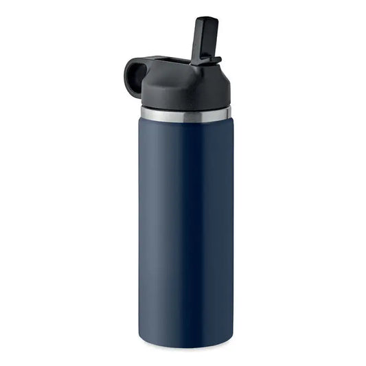Flacon cu perete dublu de 500 ml albastru navy izolat cu capac flip-top negru si banda argintie