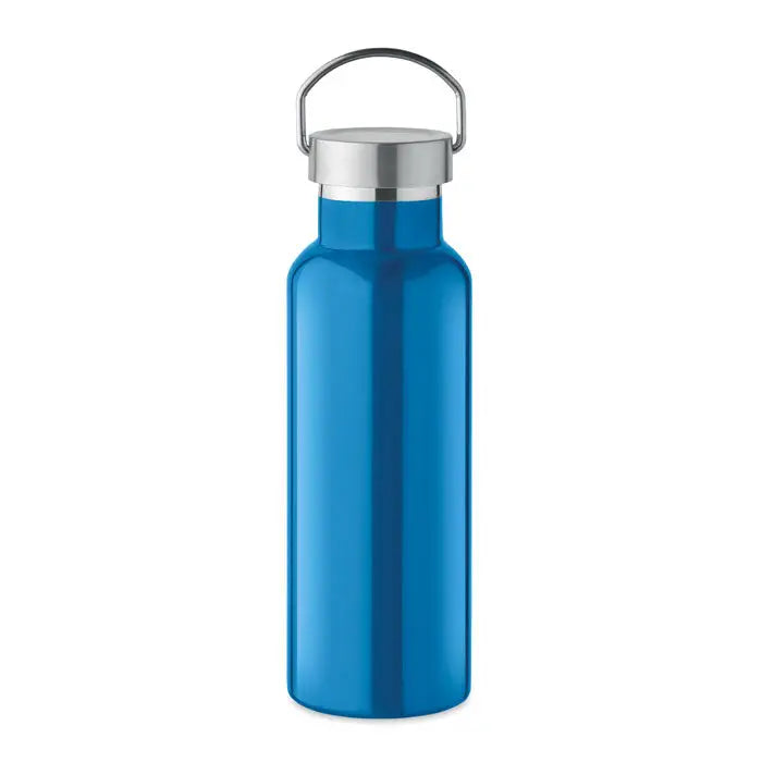Flacon cu perete dublu de 500 ml albastru metalizat cu capac argintiu si bucla integrata pentru transport
