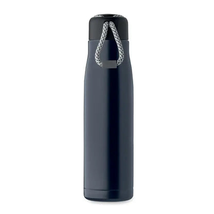 Flacon cu perete dublu de 500 ml albastru inchis izolat cu capac negru si maner din sfoara gri impletita