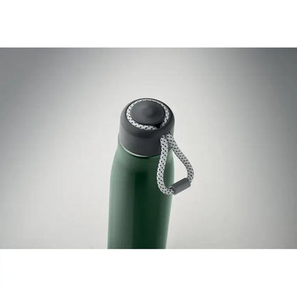 Flacon cu perete dublu de 500 ml verde închis izolant cu capac negru și curea alb-gri pentru transport