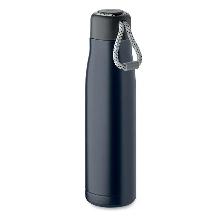 Flacon cu perete dublu de 500 ml închis la culoare gri închis, izolat, cu capac negru și mâner din sfoară împletită