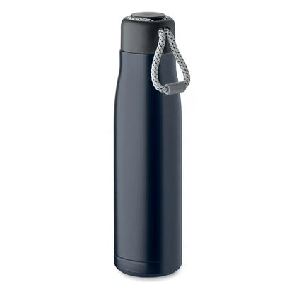 Flacon cu perete dublu de 500 ml închis la culoare gri închis, izolat, cu capac negru și mâner din sfoară împletită