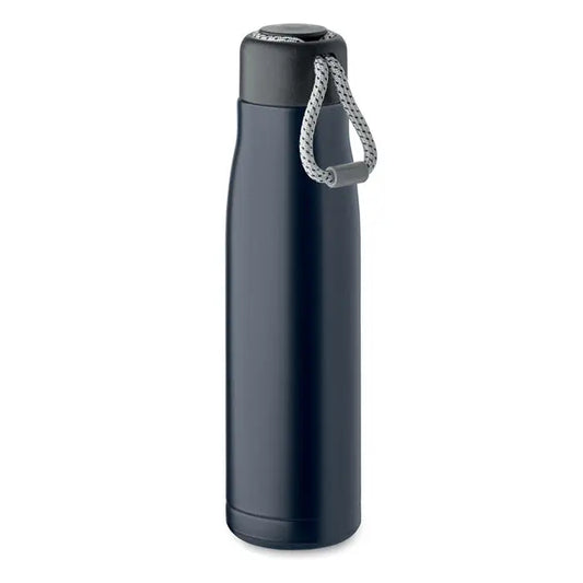 Flacon cu perete dublu de 500 ml închis la culoare gri închis, izolat, cu capac negru și mâner din sfoară împletită