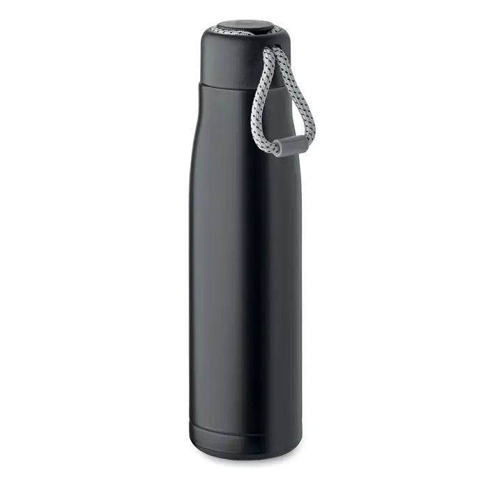Flacon cu perete dublu de 500 ml negru mat izolat cu capac asortat si curea impletita gri