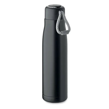Flacon cu perete dublu de 500 ml negru mat izolat cu capac asortat si curea impletita gri