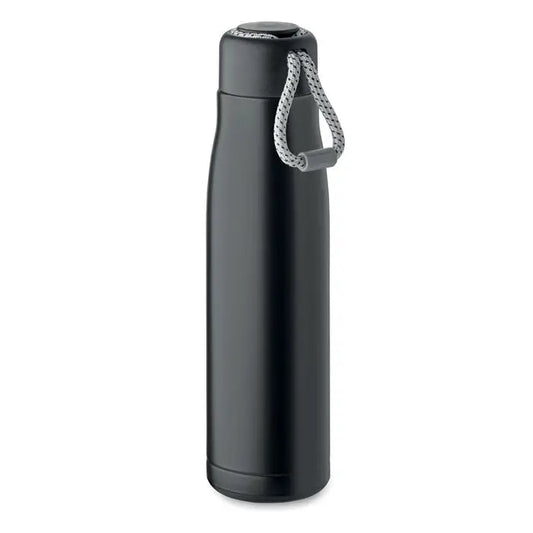 Flacon cu perete dublu de 500 ml negru mat izolat cu capac asortat si curea impletita gri