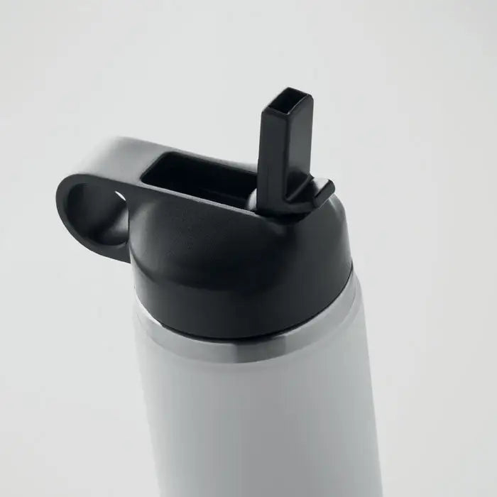 Flacon de 500 ml cu perete dublu din otel inoxidabil argintiu cu capac negru din plastic cu pai integrat si maner
