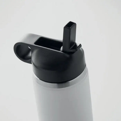 Flacon de 500 ml cu perete dublu din otel inoxidabil argintiu cu capac negru din plastic cu pai integrat si maner