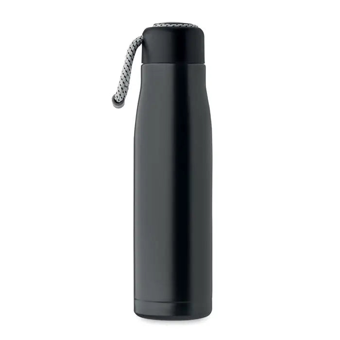 Flacon cu perete dublu de 500 ml negru mat izolat cu capac negru si curea impletita gri si alba