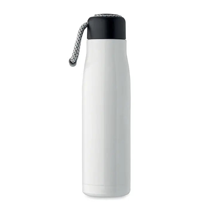 Flacon cu perete dublu de 500 ml alb izolat cu capac negru si curea textila gri impletita