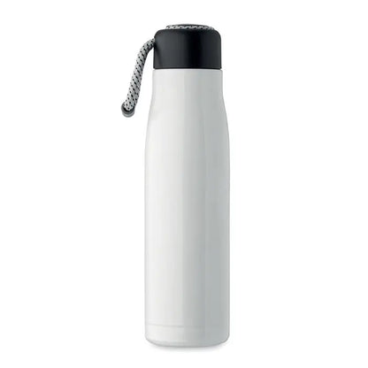 Flacon cu perete dublu de 500 ml alb izolat cu capac negru si curea textila gri impletita