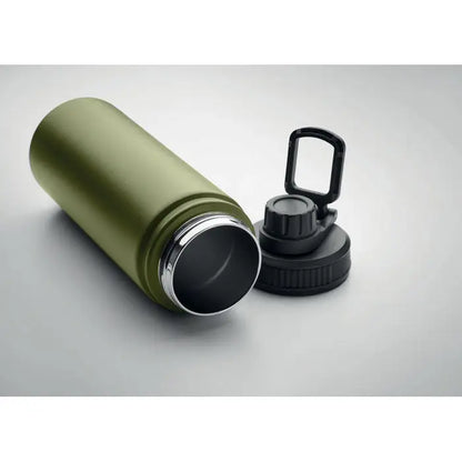 Flacon cu perete dublu de 500 ml olive green cu capac negru filetat si maner flip-top metalic