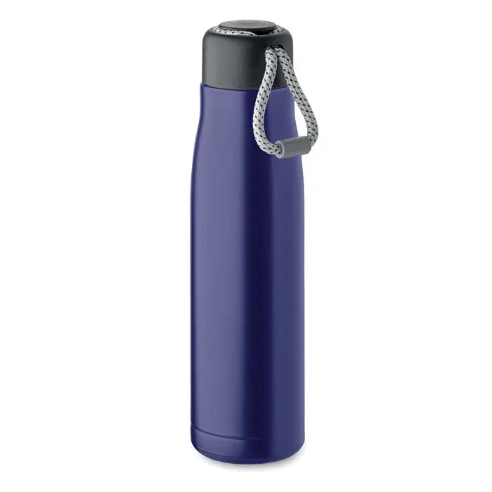 Flacon cu perete dublu de 500 ml albastru închis cu capac negru și mâner din corzi gri împletite